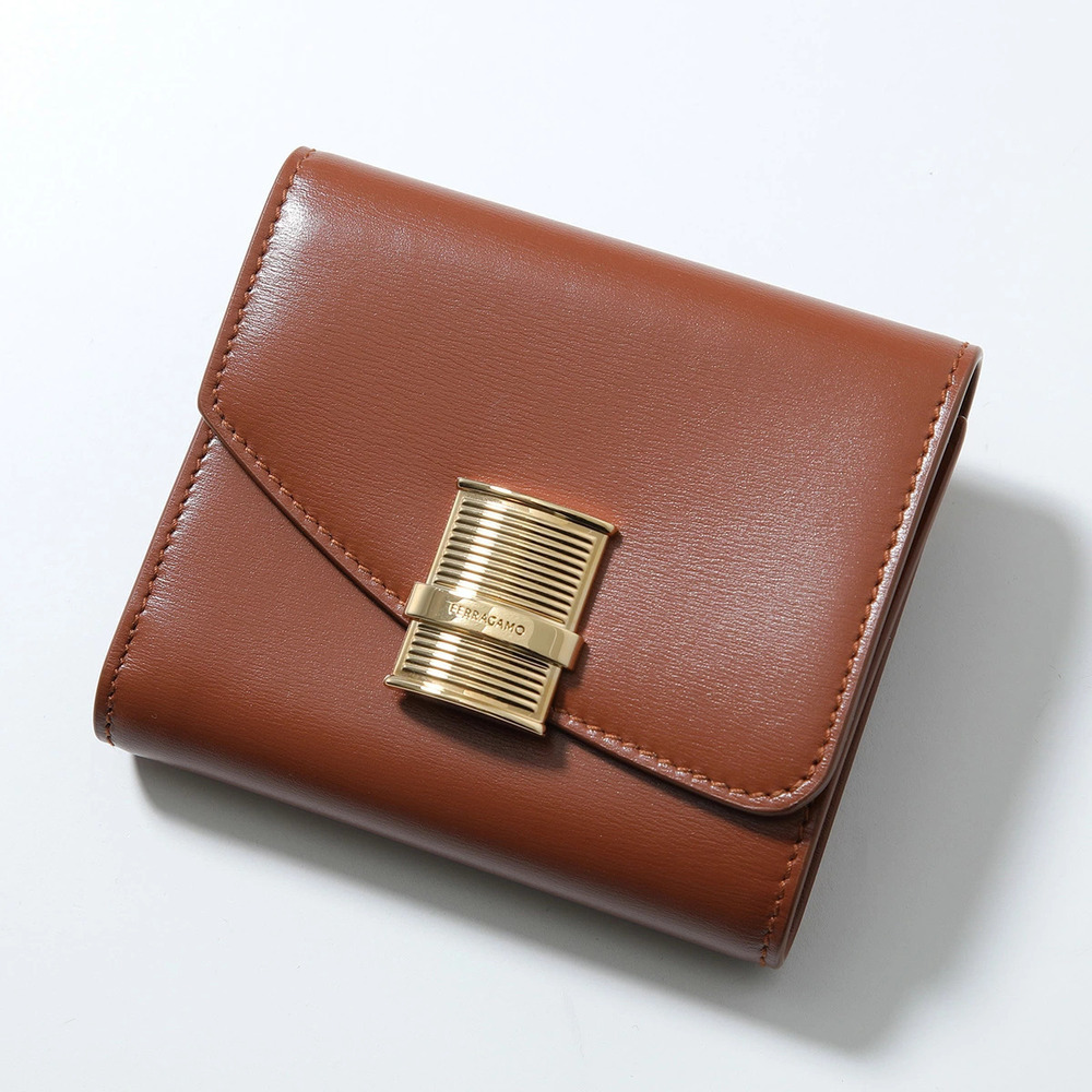 Salvatore Ferragamo Tri fold Wallet FIAMMA Leather COGNAC